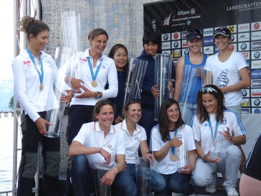 Jo Aleh and Olivia Powrie won glass vases for finishing third overall in the Europeans.  Image by: Team Jolly Racing © SW